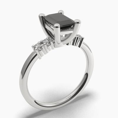 Solitaire Ring with a Black Emerald-Cut Diamond and Side Diamonds TN604300