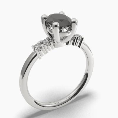 Solitaire Ring with an Oval-Cut Black Diamond and Side Diamonds TN602300