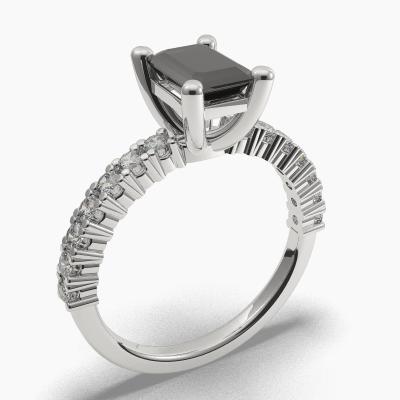 Solitaire Ring with a Black Emerald-Cut Diamond and Side Diamonds TN604301