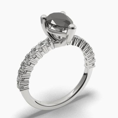 Solitaire Ring with a Black Pear-Cut Diamond and Side Diamonds TN606301