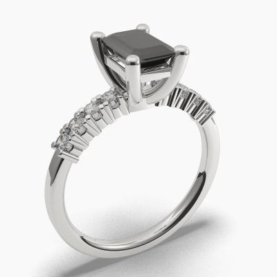 Solitaire Ring with a Black Emerald-Cut Diamond and Side Diamonds TN604302