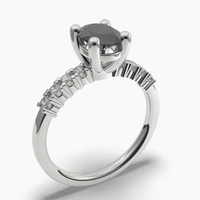 Solitaire Ring with an Oval-Cut Black Diamond and Side Diamonds TN602302