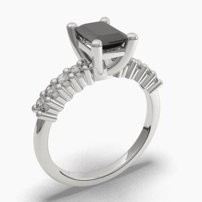 Solitaire Ring with a Black Emerald-Cut Diamond and Side Diamonds TN604303
