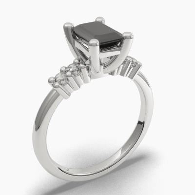 Solitaire Ring with a Black Emerald-Cut Diamond and Side Diamonds TN604304