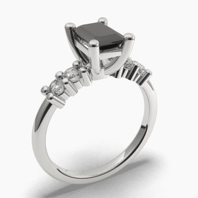 Solitaire Ring with a Black Emerald-Cut Diamond and Side Diamonds TN604306
