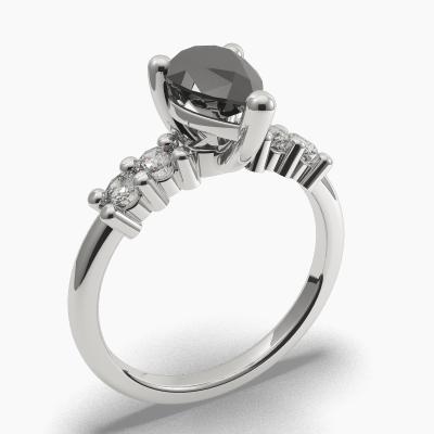 Solitaire Ring with a Black Pear-Cut Diamond and Side Diamonds TN606306