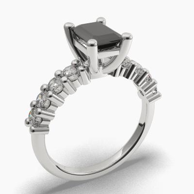 Solitaire Ring with a Black Emerald-Cut Diamond and Side Diamonds TN604307