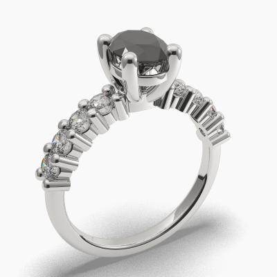 Solitaire Ring with an Oval-Cut Black Diamond and Side Diamonds TN602307