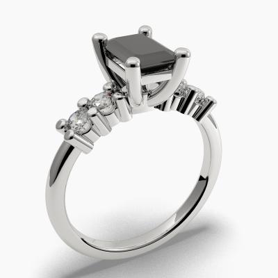 Solitaire Ring with a Black Emerald-Cut Diamond and Side Diamonds TN604309