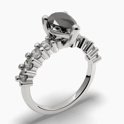 Solitaire Ring with a Black Pear-Cut Diamond and Side Diamonds TN606310