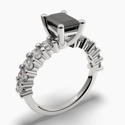 Solitaire Ring with a Black Emerald-Cut Diamond and Side Diamonds TN604311
