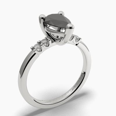 Solitaire Ring with a Black Pear-Cut Diamond and Side Diamonds TN606312