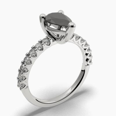 Solitaire Ring with a Black Pear-Cut Diamond and Side Diamonds TN606314
