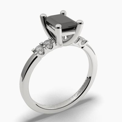 Solitaire Ring with a Black Emerald-Cut Diamond and Side Diamonds TN604315