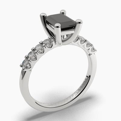 Solitaire Ring with a Black Emerald-Cut Diamond and Side Diamonds TN604316