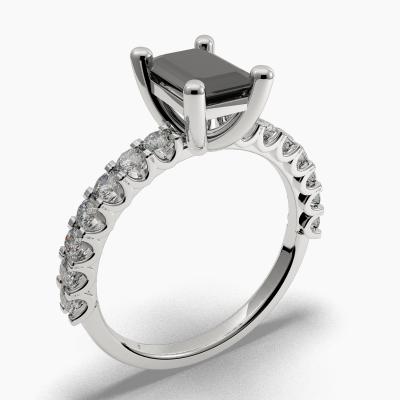 Solitaire Ring with a Black Emerald-Cut Diamond and Side Diamonds TN604317