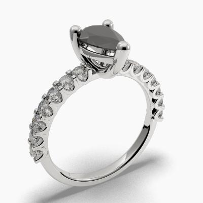 Solitaire Ring with a Black Pear-Cut Diamond and Side Diamonds TN606317