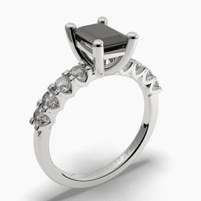 Solitaire Ring with a Black Emerald-Cut Diamond and Side Diamonds TN604319